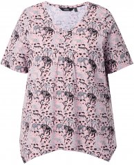 Ulla Popken Half-sleeve A-line V-neck Pointed Hem Animal Pattern T-shirt Pastel Rose