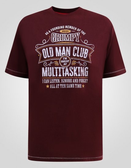 D555 Baldwin Grumpy Old Man Club Print Crew Neck T-shirt Burgundy/ Black Twist - Trička - Trička nadměrné velikosti - 2XL-14XL