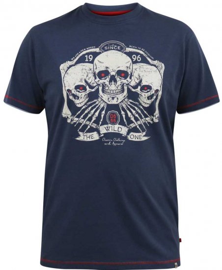 D555 COOK Trio Of Skulls Printed Crew Neck T-Shirt Slate Blue - Trička - Trička nadměrné velikosti - 2XL-14XL