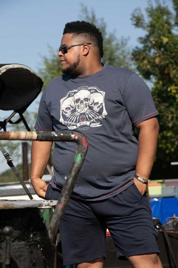 D555 COOK Trio Of Skulls Printed Crew Neck T-Shirt Slate Blue - Trička - Trička nadměrné velikosti - 2XL-14XL