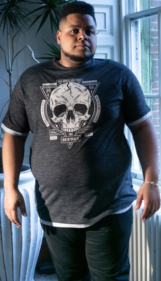 D555 DARREN Skull Printed T-Shirt With Double Layer On Hem & Cuff Black Reno - Trička - Trička nadměrné velikosti - 2XL-14XL