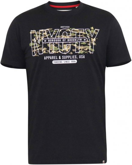 D555 EDWALTON NYCTY Camo Printed Crew Neck T-Shirt Washed Black - Trička - Trička nadměrné velikosti - 2XL-14XL