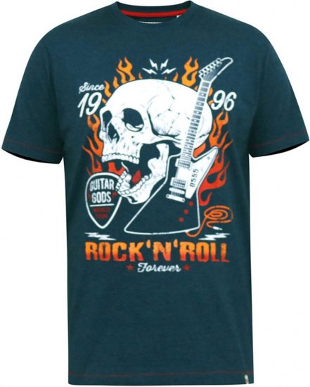 D555 NEAL Skull With Flames Printed Crew Neck T-Shirt Navy/Blue Twist - Trička - Trička nadměrné velikosti - 2XL-14XL