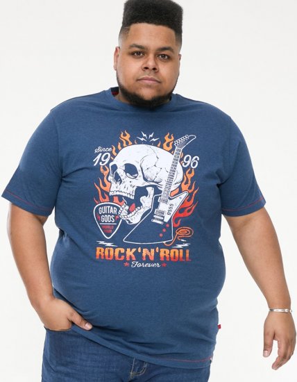 D555 NEAL Skull With Flames Printed Crew Neck T-Shirt Navy/Blue Twist - Trička - Trička nadměrné velikosti - 2XL-14XL