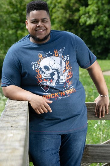 D555 NEAL Skull With Flames Printed Crew Neck T-Shirt Navy/Blue Twist - Trička - Trička nadměrné velikosti - 2XL-14XL