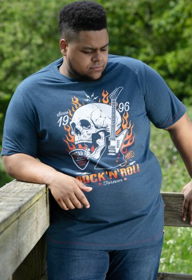 D555 NEAL Skull With Flames Printed Crew Neck T-Shirt Navy/Blue Twist - Trička - Trička nadměrné velikosti - 2XL-14XL