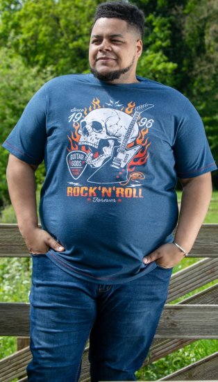 D555 NEAL Skull With Flames Printed Crew Neck T-Shirt Navy/Blue Twist - Trička - Trička nadměrné velikosti - 2XL-14XL