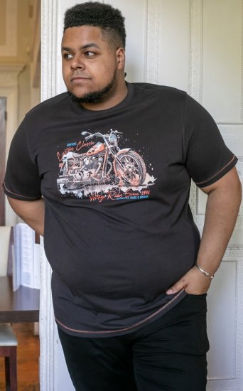 D555 LORNE Motor Bike Splatter Printed Crew Neck T-Shirt Washed Black - Trička - Trička nadměrné velikosti - 2XL-14XL