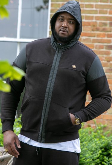 D555 DEAN Couture Zip Through Hoody With Woven Contrast Fabric Trim Black - Mikiny & mikiny s kapucí - Mikiny & Mikiny s kapucí 2XL-12XL