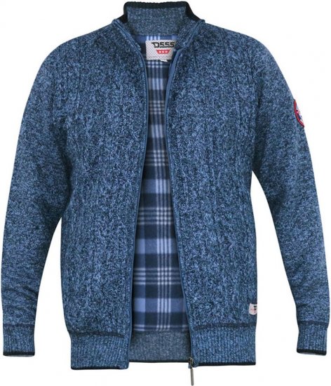 D555 ECCLES Cable Knitted Zip Through Sweater With Bonded Check Lining Denim Marl - Mikiny & mikiny s kapucí - Mikiny & Mikiny s kapucí 2XL-12XL
