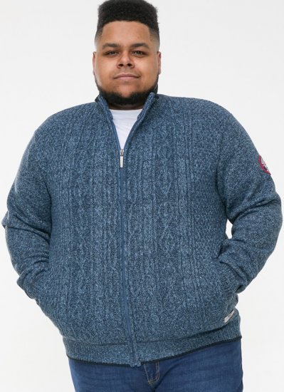 D555 ECCLES Cable Knitted Zip Through Sweater With Bonded Check Lining Denim Marl - Mikiny & mikiny s kapucí - Mikiny & Mikiny s kapucí 2XL-12XL