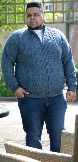 D555 ECCLES Cable Knitted Zip Through Sweater With Bonded Check Lining Denim Marl - Mikiny & mikiny s kapucí - Mikiny & Mikiny s kapucí 2XL-12XL