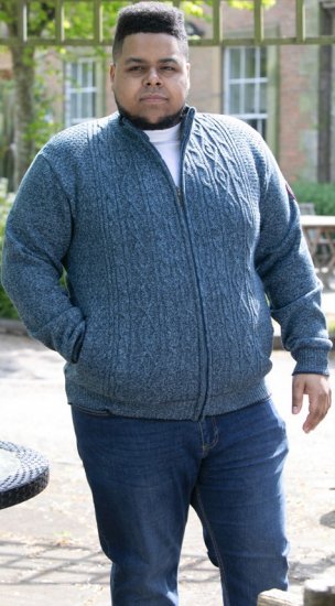 D555 ECCLES Cable Knitted Zip Through Sweater With Bonded Check Lining Denim Marl - Mikiny & mikiny s kapucí - Mikiny & Mikiny s kapucí 2XL-12XL