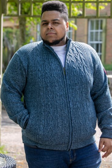 D555 ECCLES Cable Knitted Zip Through Sweater With Bonded Check Lining Denim Marl - Mikiny & mikiny s kapucí - Mikiny & Mikiny s kapucí 2XL-12XL