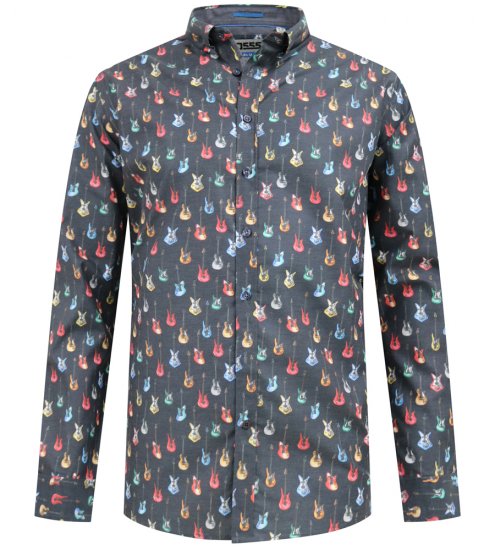 D555 Wakefield Long Sleeve AOP Guitar Printed Shirt Grey - Košile - Košile 2XL-10XL
