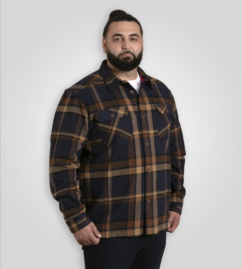 D555 Aldershot Long Sleeve Heavy Shacket Overshirt Tan/Navy Check - Košile - Košile 2XL-10XL