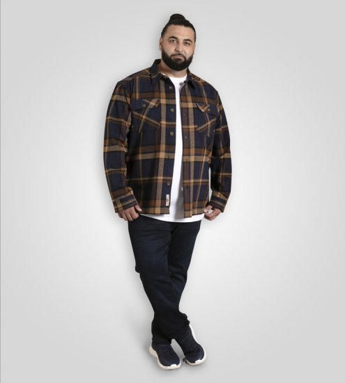 D555 Aldershot Long Sleeve Heavy Shacket Overshirt Tan/Navy Check - Košile - Košile 2XL-10XL