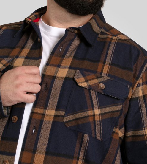 D555 Aldershot Long Sleeve Heavy Shacket Overshirt Tan/Navy Check - Košile - Košile 2XL-10XL
