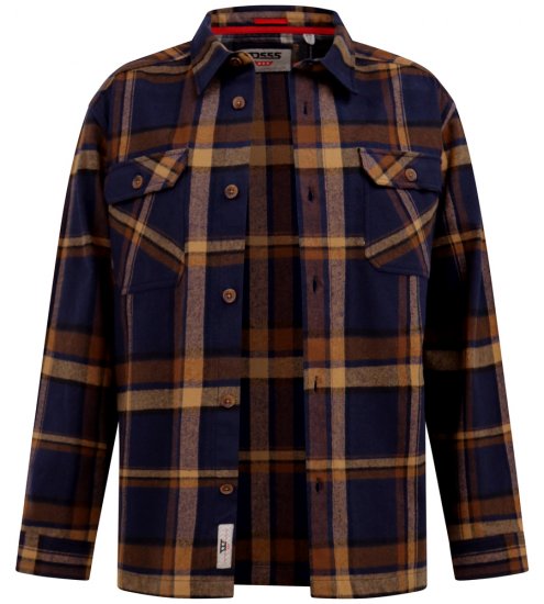 D555 Aldershot Long Sleeve Heavy Shacket Overshirt Tan/Navy Check - Košile - Košile 2XL-10XL
