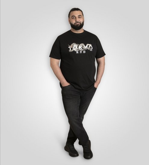 D555 Ginza Tokyo with Dragon Crew Neck T-shirt Black - Trička - Trička nadměrné velikosti - 2XL-14XL