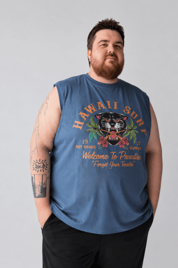 Kam Jeans 5763 Hawaii Surf Vest Vintage Indigo - Trička - Trička nadměrné velikosti - 2XL-14XL