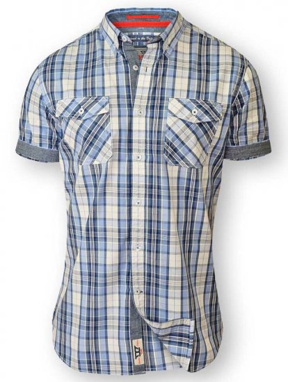D555 FIDEL Twin Pocket Short Sleeve Blue & Ecru Check Shirt - Košile - Košile 2XL-10XL
