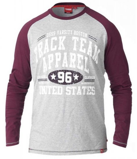D555 KELTON Long Sleeve Raglan T-Shirt Grey/Burgundy - Trička - Trička nadměrné velikosti - 2XL-14XL