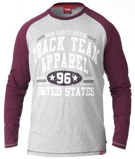 D555 KELTON Long Sleeve Raglan T-Shirt Grey/Burgundy - Trička - Trička nadměrné velikosti - 2XL-14XL