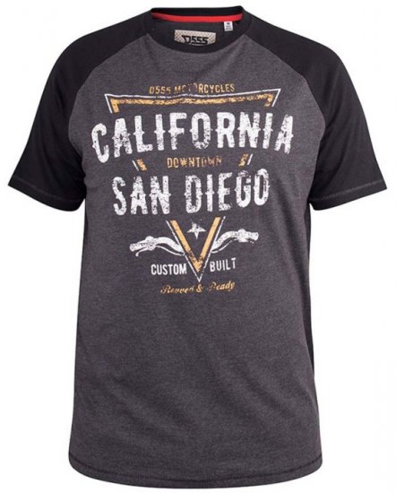 D555 Lismore Raglan Sleeve San Diego Printed T-Shirt Charcoal - Trička - Trička nadměrné velikosti - 2XL-14XL