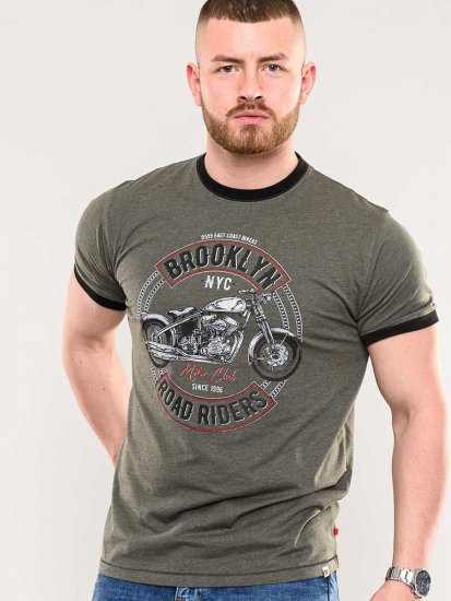 D555 Hereford Brooklyn Motorbike Printed Ringer T-Shirt Khaki - Trička - Trička nadměrné velikosti - 2XL-14XL
