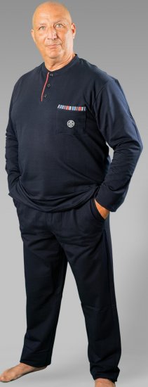 20 Nodi Long Pajamas in Stretch Fleece Cotton with Serafino Collar and Jacket with Pocket and Side Slits Navy - Pyžama/oblečení pro volný čas - Pyžama/oblečení pro volný čas 2XL-10XL