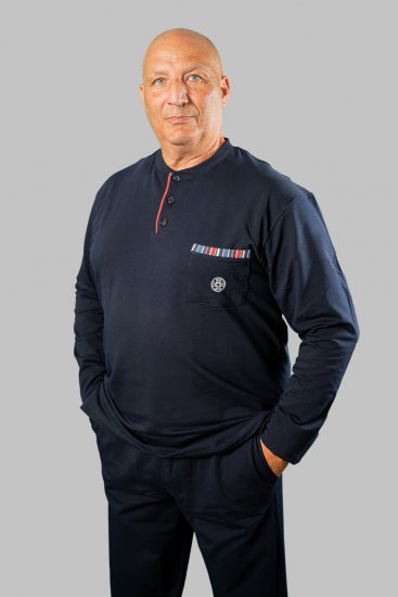20 Nodi Long Pajamas in Stretch Fleece Cotton with Serafino Collar and Jacket with Pocket and Side Slits Navy - Pyžama/oblečení pro volný čas - Pyžama/oblečení pro volný čas 2XL-10XL