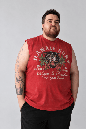 Kam Jeans 5763 Hawaii Surf Vest Sleeveless T-Shirt Washed Red - Trička - Trička nadměrné velikosti - 2XL-14XL