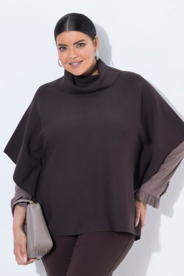 Ulla Popken 820620 Svetr pončo s rolákem Mahagonově hnědá - Ponča a peleríny - 