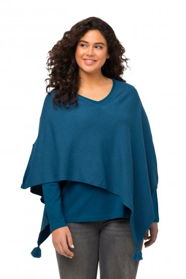 Ulla Popken Knit Pointed Hem Poncho Cerulean - Mikiny & mikiny s kapucí - 