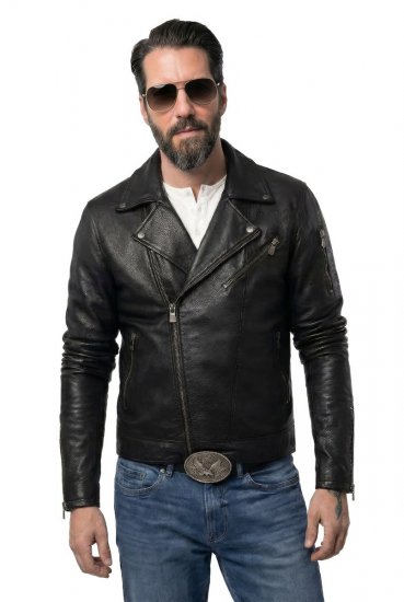 JP1880 830586 Biker bunda z jehněčí nappy Černá - Bundy - Bundy Nadměrné Velikosti - 2XL-8XL