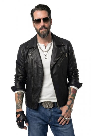 JP1880 830586 Biker bunda z jehněčí nappy Černá - Bundy - Bundy Nadměrné Velikosti - 2XL-8XL