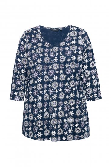 Ulla Popken Snowflake Print 3/4 Sleeve A-Line Tee Navy - Potištěná trička pro ženy - 