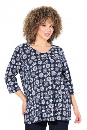 Ulla Popken Snowflake Print 3/4 Sleeve A-Line Tee Navy - Potištěná trička pro ženy - 