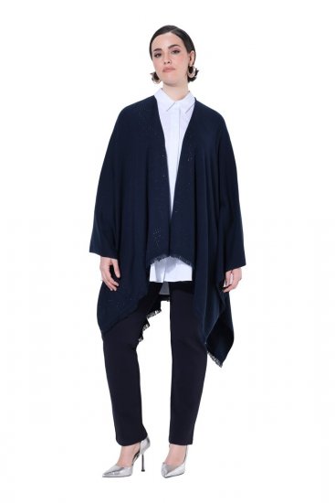 Ulla Popken 841117 Pletené oversize pončo s kamínky Tmavě modrá - Ponča a peleríny - 