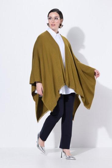 Ulla Popken 841117 Pletené oversize pončo s kamínky Olivová - Ponča a peleríny - 