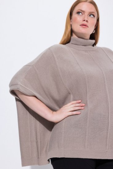 Ulla Popken 844996 Žebrované merino pončo s rolákem Světle hnědá - Ponča a peleríny - 