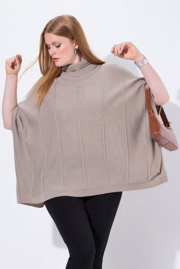 Ulla Popken 844996 Žebrované merino pončo s rolákem Světle hnědá - Ponča a peleríny - 