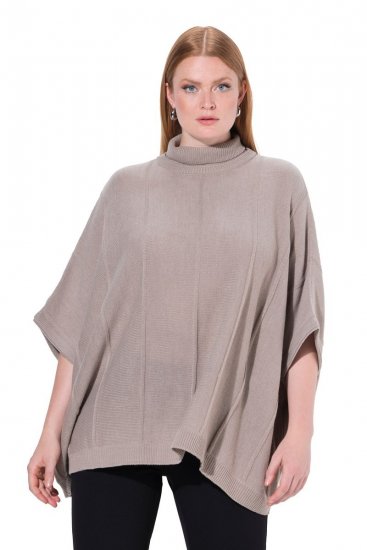 Ulla Popken 844996 Žebrované merino pončo s rolákem Světle hnědá - Ponča a peleríny - 