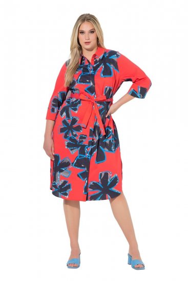 Ulla Popken 846164 Květované košilové šaty Červená - Midi šaty - Midi šaty pro plnoštíhlé ženy