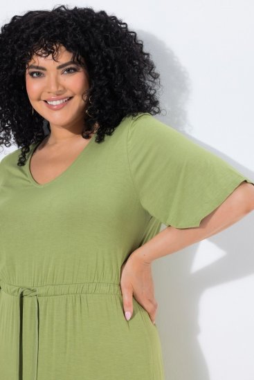 Ulla Popken 848829 Midi šaty s krátkým rukávem se stahovací šňůrkou Světle zelená - Midi šaty - Midi šaty pro plnoštíhlé ženy