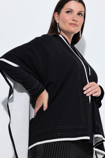 Ulla Popken 851127 Otevřené pletené pončo s lemem z kamínků Černá - Ponča a peleríny - 