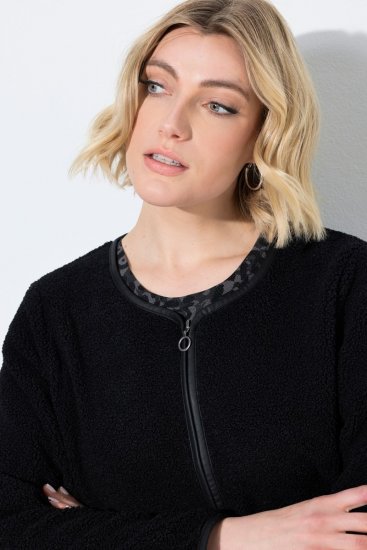 Ulla Popken 853685 Krátká plyšová bunda s lemováním vzhledu kůže Černá - Bundy - Dámské bundy velkých velikostí