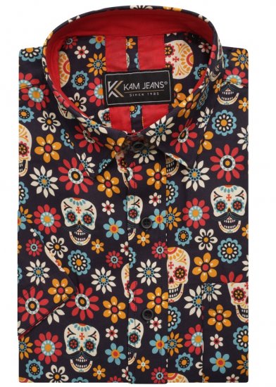Kam Jeans 6040 Floral Skull Print Shirt Black - Košile - Košile 2XL-10XL