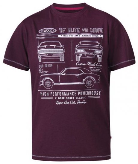 D555 Brady Classic Cars Crew Neck T-Shirt Burgundy - Trička - Trička nadměrné velikosti - 2XL-14XL